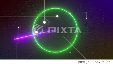 Displaying green neon ring intersecting magenta beam in virtual space with white nodes, gray traces Displaying green neon ring intersecting magenta beam in virtual space with white nodes, gray traces 133793087