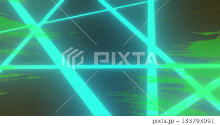 Forming intersecting neon turquoise and green glowing lines in digital screen, with noise texture 133793091