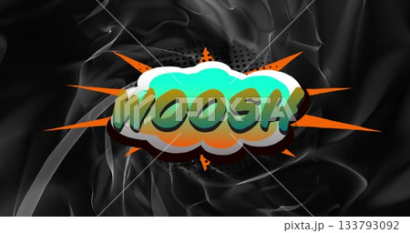 Floating comic-style speech bubble hovering over black backdrop, with gradient WOOSH text and rays Floating comic-style speech bubble hovering over black backdrop, with gradient WOOSH text and rays 133793092