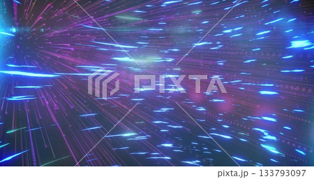 Streaming neon light streaks converging through digital tunnel, with glowing particles 133793097