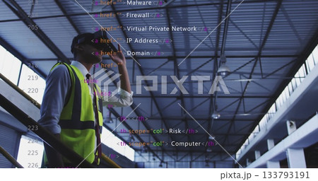 Talking engineer wearing vest hardhat using smartphone on factory catwalk, code overlay, copy space Talking engineer wearing vest hardhat using smartphone on factory catwalk, code overlay, copy space 133793191