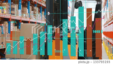 Operating forklift carrying pallet of boxes in warehouse, with teal bar charts, line graphs overlay Operating forklift carrying pallet of boxes in warehouse, with teal bar charts, line graphs overlay 133793193