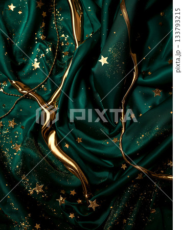 Luxurious Dark Emerald Green Satin Fabric Background with Liquid Gold Ribbons and Sparkling Stars, Elegant Silk Texture for Christmas or New Year Celebration Concept. Luxurious Dark Emerald Green Satin Fabric Background with Liquid Gold Ribbons and Sparkling Stars, Elegant Silk Texture for Christmas or New Year Celebration Concept. 133793215