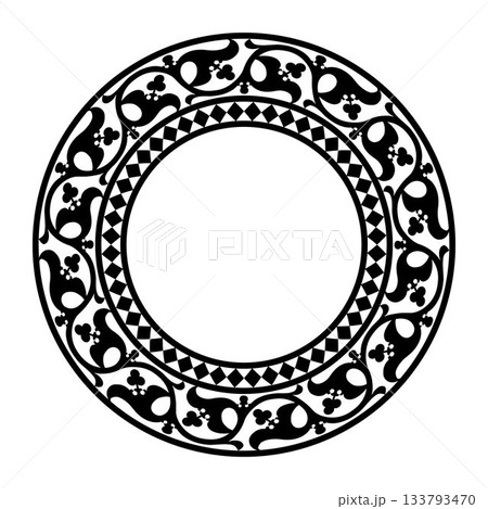 Decorative round frame. Black and white design. Vintage, ethnic vector frame with arabesques EPS. Pattern frame for round surfaces, household utensils, textiles, embroidery. Vector illustration. 133793470