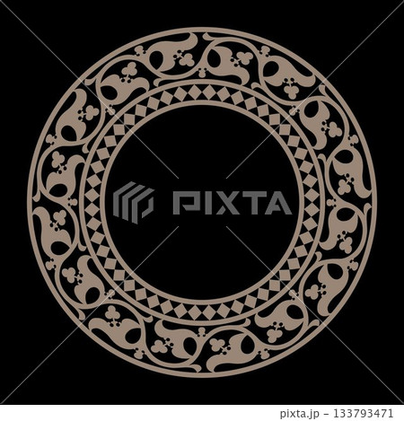 Abstract ornament. Vintage, ethnic vector frame. Oriental vector round gold frame with arabesques and floral elements. Pattern frame for round surfaces, household utensils, textiles, embroidery, plate 133793471
