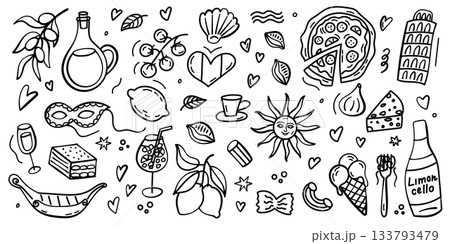Hand drawn Italy doodles with cuisine, architecture and cultural elements 133793479