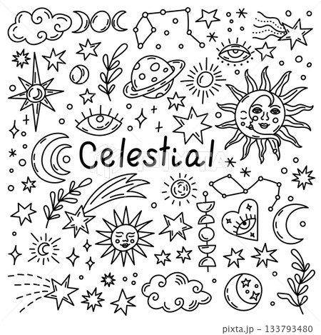 Mystical cosmic doodles featuring stars, sun, moon and planetary symbols Mystical cosmic doodles featuring stars, sun, moon and planetary symbols 133793480