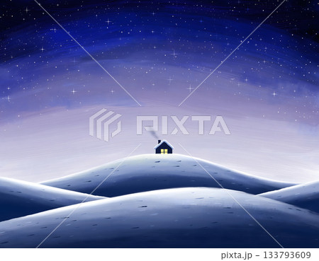Dreamy Winter Night Illustration with Glowing Cabin on Snowy Hill 133793609