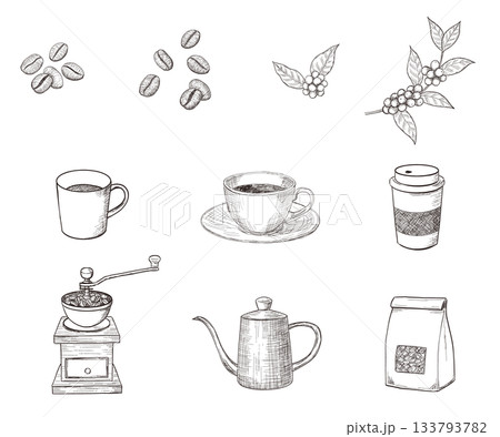 コーヒーのレトロな手描きペン画セット コーヒーのレトロな手描きペン画セット 133793782