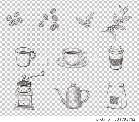 Coffee retro hand drawn pen drawing set 133793782