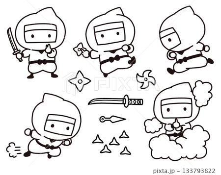 かわいい忍者の線画イラストセット かわいい忍者の線画イラストセット 133793822