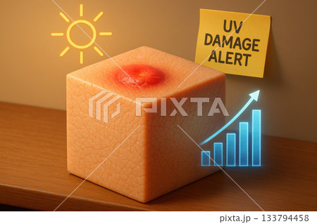 Conceptual skin cube with an inflamed red lesion illustrates sun damage risk. UV alert, holographic chart, and glowing sun icon serve as warning about exposure 133794458