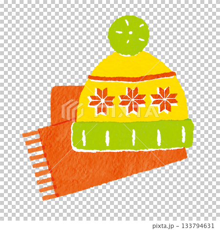 色彩繽紛的冬季配件插圖，包括針織帽和圍巾（紅色、橙色、黃綠色） 133794631