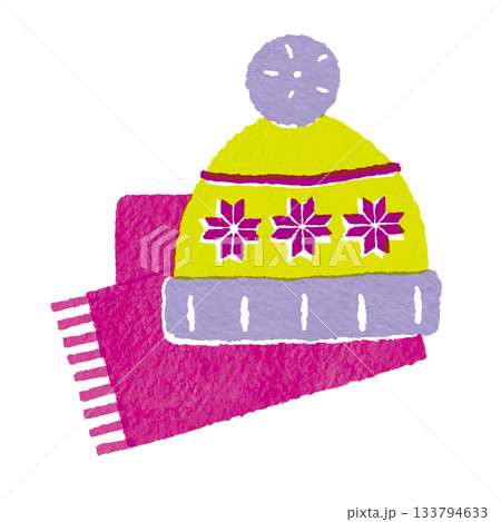 ニット帽とマフラーを描いたカラフルな冬小物イラスト (マゼンタ・紫・黄緑) 133794633