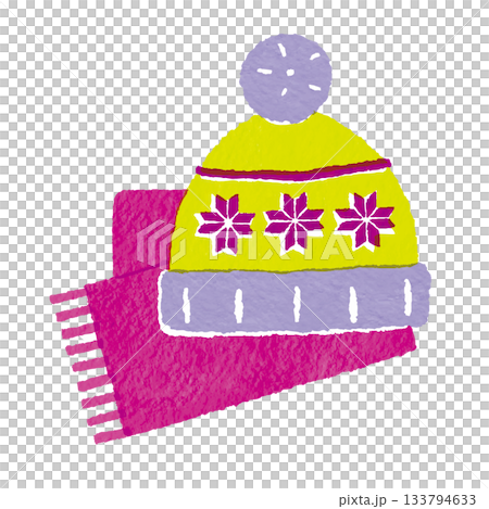 色彩繽紛的冬季配件插圖，包括針織帽和圍巾（洋紅色、紫色、黃綠色） 133794633