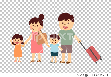 Family traveling with carry-on bags 133794791