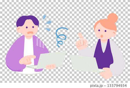 男性を指導する女性と困惑する男性のトラブルシーン 男性を指導する女性と困惑する男性のトラブルシーン 133794934
