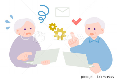ノートパソコンに戸惑う高齢者女性と男性 ノートパソコンに戸惑う高齢者女性と男性 133794935