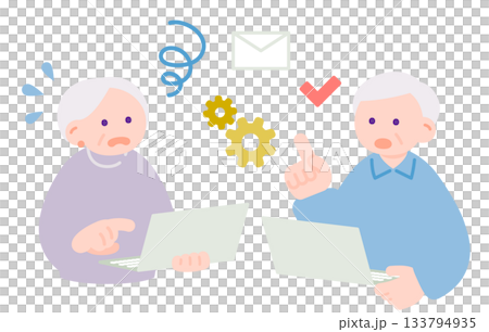 ノートパソコンに戸惑う高齢者女性と男性 ノートパソコンに戸惑う高齢者女性と男性 133794935