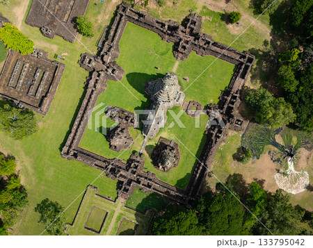 Drone shot the aerial view of Phimai Historical Park. the ancient stone temple Nakhon Ratchasima, Thailand 133795042