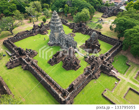 Drone shot the aerial view of Phimai Historical Park. the ancient stone temple Nakhon Ratchasima, Thailand 133795055