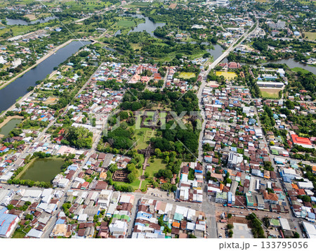 Drone shot the aerial view of Phimai Historical Park. the ancient stone temple Nakhon Ratchasima, Thailand 133795056
