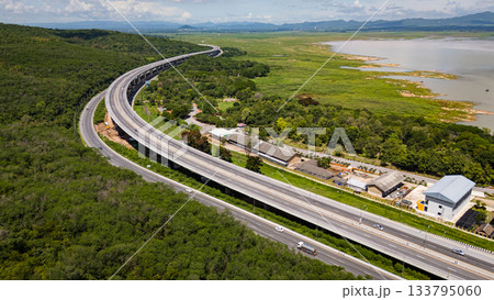 Drone shot The M6 motorway Nakhon Ratchasima Province - Bang Pa-in Lam Ta Khong River and Mountain. Motorway Korat Thailand 133795060
