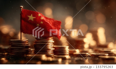 Chinese flag on stacks of golden coins 133795263