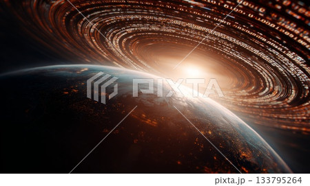 Earth Surrounded by Digital Rings and Data in Space 133795264