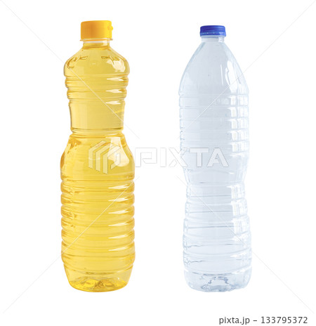 Vegetable oil and water in bottle isolated on white background with clipping path. Vegetable oil and water in bottle isolated on white background with clipping path. 133795372
