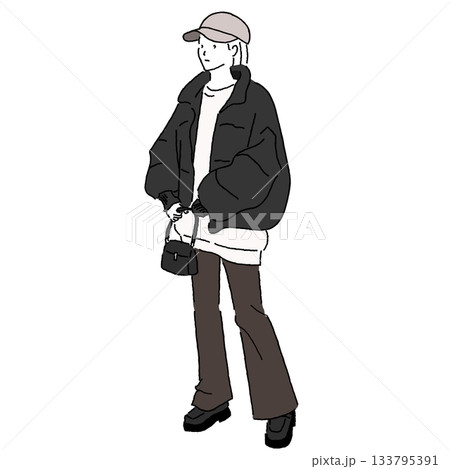 冬のカジュアルストリートコーデの女性イラスト　ダウンジャケット×キャップのスタイリング 133795391