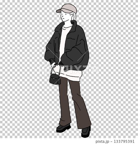 冬のカジュアルストリートコーデの女性イラスト　ダウンジャケット×キャップのスタイリング 133795391