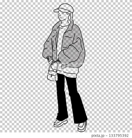 モノクロの冬カジュアルファッションイラスト　ダウンジャケットの女性 133795392