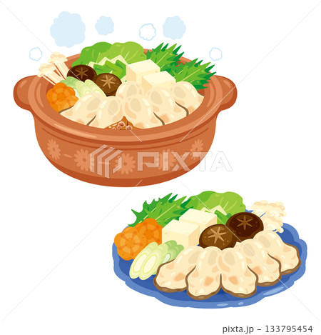 牡蠣鍋と皿に盛られた食材 牡蠣鍋と皿に盛られた食材 133795454