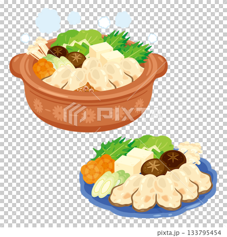 牡蠣鍋と皿に盛られた食材 牡蠣鍋と皿に盛られた食材 133795454