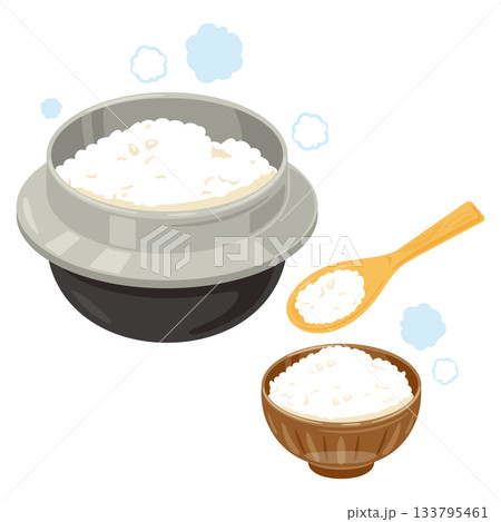 釜炊きご飯とお茶碗に盛られたご飯のイラスト 133795461