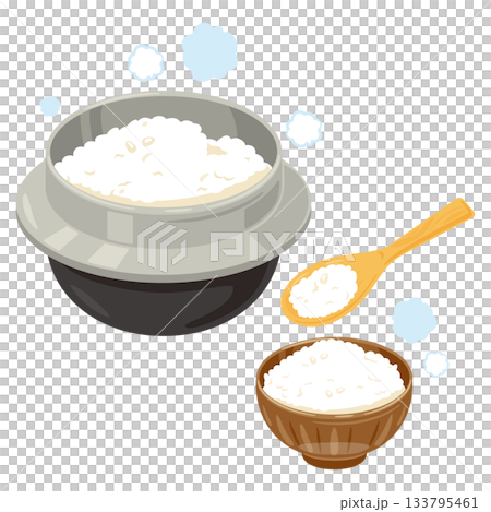 Illustration of rice cooked in a pot and rice served in a bowl Illustration of rice cooked in a pot and rice served in a bowl 133795461