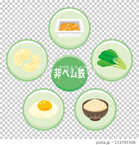 非ヘム鉄を多く含む食品のイラストセット 日本語 非ヘム鉄を多く含む食品のイラストセット 日本語 133795506