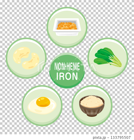Illustration set of foods rich in non-heme iron (English) Illustration set of foods rich in non-heme iron (English) 133795507