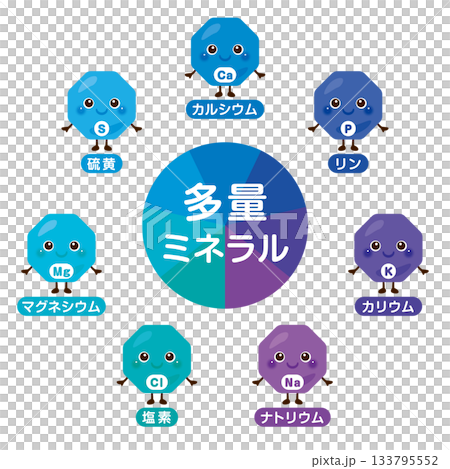 多量ミネラルのキャラクターイラストセット　日本語 133795552