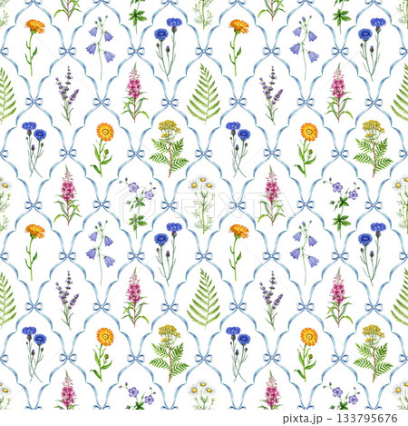 Meadow wildflowers seamless pattern watercolor illustration. Hand drawn vintage style chamomile, bluebell, fireweed, cornflower, tansy blooming summer flowers elegant decoration on tile background 133795676