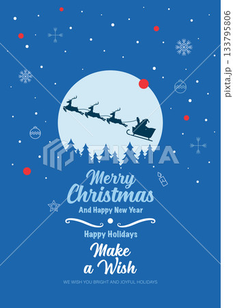 Silhouette of Santa Claus and his reindeer sleigh against the moon Greeting card. 133795806