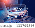 Businessman calculating tax with money, calculator and laptop on desk. Concept for financial planning, tax return, accounting, finance management, income, expenses, or IRS preparation. 133795846