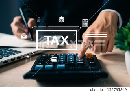 Close-up of hand pressing calculator with tax icons overlay, representing financial data analysis, tax return preparation, budgeting, and business accounting tasks. Close-up of hand pressing calculator with tax icons overlay, representing financial data analysis, tax return preparation, budgeting, and business accounting tasks. 133795849