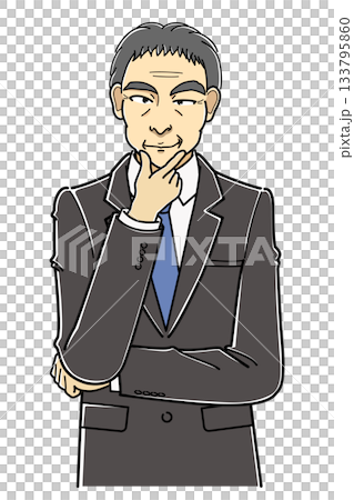 A middle-aged man in a suit grinning with his hand on his chin (upper body) A middle-aged man in a suit grinning with his hand on his chin (upper body) 133795860