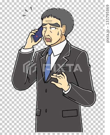 A middle-aged man in a suit talking on the phone with a troubled expression (upper body) 133795869