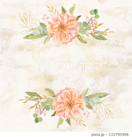 Peach peonies, eucalyptus, gold oval accents on beige textured background. Hand-painted watercolor floral frame. Ideal for wedding invitations, stationery layouts, branding and elegant card designs. Peach peonies, eucalyptus, gold oval accents on beige textured background. Hand-painted watercolor floral frame. Ideal for wedding invitations, stationery layouts, branding and elegant card designs. 133795906
