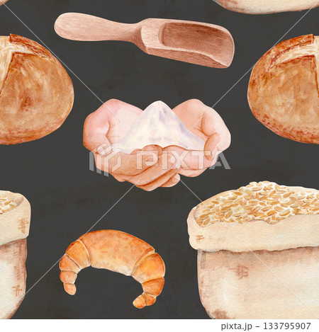 Cupped hands with flour, round bread, grains in flour sack. Seamless watercolor pattern on grey. Ideal for bakery packaging, kitchen textiles, menu, wrapping paper, branding. Wooden spoon, crescent Cupped hands with flour, round bread, grains in flour sack. Seamless watercolor pattern on grey. Ideal for bakery packaging, kitchen textiles, menu, wrapping paper, branding. Wooden spoon, crescent 133795907