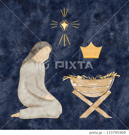 Kneeling Mary beside a manger, crow and a glowing golden star. Hand-painted watercolor nativity illustration on textured blue background, scene ideal for Christmas cards, devotionals, holiday designs 133795909