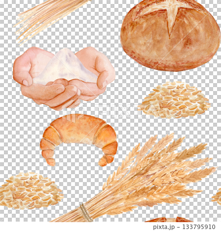 Crescent roll, round bread, wheat grains, flour sack. Seamless watercolor pattern on white background with perfect for bakery packaging, kitchen textiles, menu design, wrapping paper, rustic food 133795910